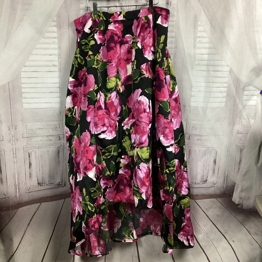 Jodi Kristopher Skirt Black Pink Floral Full Hi Low 14/15
